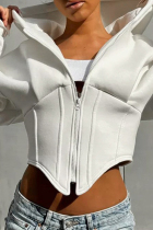 White Casual Solid Color Patchwork Zipper Zipper Collar Outerwear