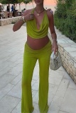Green Sexy Hot Solid Color Backless Halter Sleeveless Two Pieces