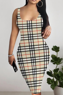 Light Khaki Sexy Plaid Patchwork U Neck Wrapped Skirt Dresses