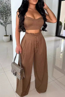 Brown Casual Solid Color Patchwork Backless Ruched Strap Design Spaghetti Strap Sleeveless Two Pieces