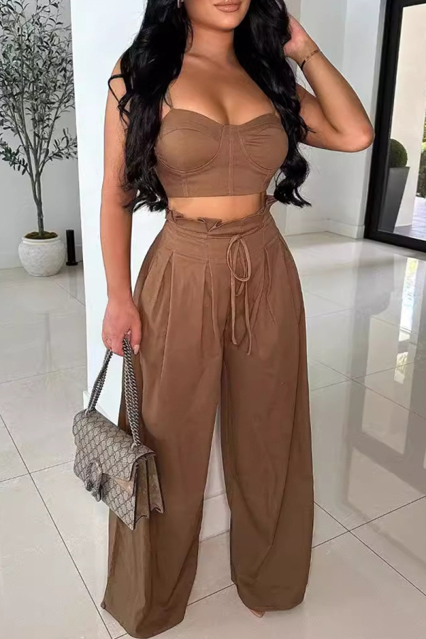 Brown Casual Solid Color Patchwork Backless Ruched Strap Design Spaghetti Strap Sleeveless Two Pieces