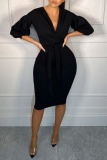 Black Casual Solid Color Basic V Neck One Step Skirt Dresses