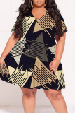 Multicolor Geometric Print Gradient Splashed ink printing Ruffle Contrast V Neck Printed Plus Size Dresses