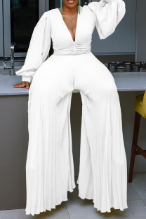 White Elegant Solid Color Patchwork Beading Ruched Deep V Neck Loose Jumpsuits