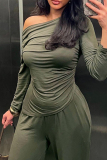 Green Casual Solid Color Pocket Patchwork Ruched Oblique Collar Long Sleeve Two Pieces