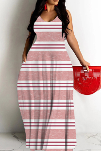 Red White Sexy Casual Print Backless Spaghetti Strap Long Dresses