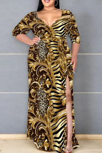 Gold Casual Print Patchwork High Slit Strap Design V Neck Long Plus Size Dresses