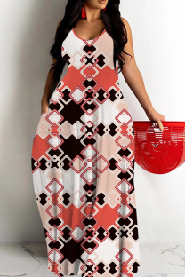 Red Black Sexy Casual Print Backless Spaghetti Strap Long Dresses
