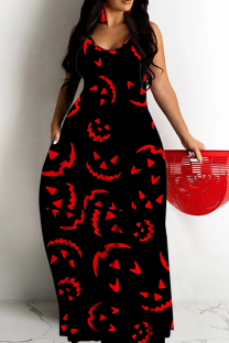 Black Red Sexy Casual Print Backless Spaghetti Strap Long Dresses