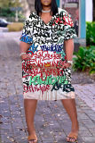Black Casual Letter Print Basic V Neck Short Sleeve Plus Size Dresses