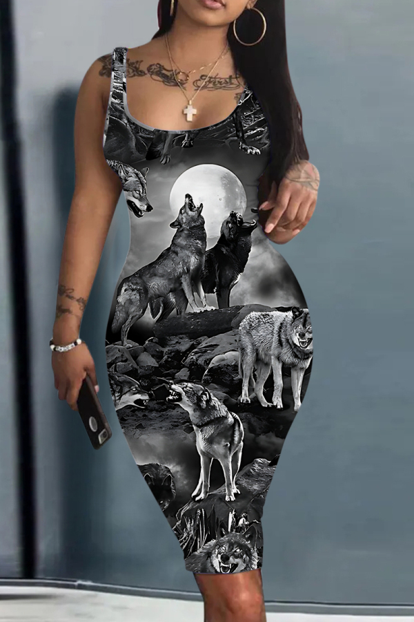 Grey Casual Print Basic U Neck Vest Dresses