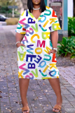 Black Casual Letter Print Basic V Neck Short Sleeve Plus Size Dresses