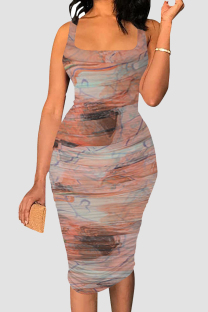 Red-brown Sexy Print Patchwork Square Neck Wrapped Skirt Dresses