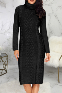 Black Elegant Solid Color Patchwork Turtleneck Straight Dresses