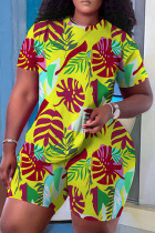 Light Yellow Casual Print Basic O Neck Short Sleeve Two Pieces