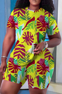 Light Yellow Casual Print Basic O Neck Short Sleeve Two Pieces
