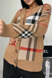 Light Brown Street Plaid Buckle Patchwork V Neck Tops