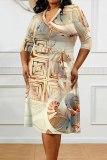 Beige Casual Daily Floral Print Tie Dye Stripe Lace Up Contrast V Neck Printed Plus Size Dresses
