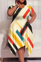 Multicolor Casual Print Patchwork O Neck Irregular Plus Size Dresses