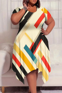 Multicolor Casual Print Patchwork O Neck Irregular Plus Size Dresses