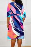 Beige Casual Daily Floral Print Tie Dye Stripe Lace Up Contrast V Neck Printed Plus Size Dresses