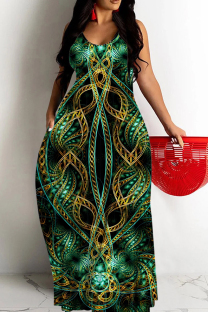 Green Sexy Casual Print Backless Spaghetti Strap Long Dresses