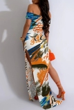 Pink Casual Print Slit Off Shoulder Long Dresses
