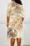 Beige Casual Daily Floral Print Tie Dye Stripe Lace Up Contrast V Neck Printed Plus Size Dresses