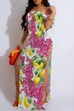 Pink Casual Print Slit Off Shoulder Long Dresses