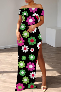 Black Casual Print Slit Off Shoulder Long Dresses