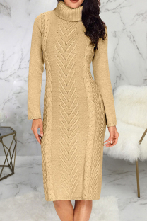 Khaki Elegant Solid Color Patchwork Turtleneck Straight Dresses