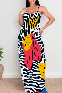 Red Yellow Sexy Print Patchwork Backless Spaghetti Strap Sling Dresses