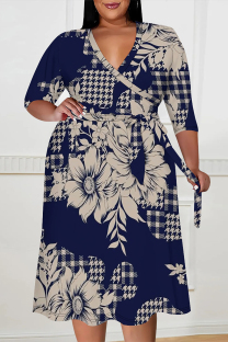 Tibetan Blue Casual Daily Floral Print Tie Dye Stripe Lace Up Contrast V Neck Printed Plus Size Dresses