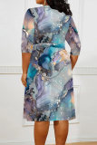 Beige Casual Daily Floral Print Tie Dye Stripe Lace Up Contrast V Neck Printed Plus Size Dresses