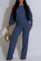 Blue Casual Solid Color Patchwork Oblique Collar Long Sleeve Two Pieces