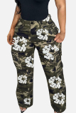 Army Green Casual Print Pocket Buttons Patchwork Zipper Regular Mid Waist Conventional Full Print Bottoms