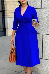 Blue Elegant Solid Color Buttons Patchwork With Belt Turn-back Collar Long Dresses