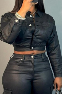 Black Casual Solid Color Pocket Buckle Patchwork Zipper Turndown Collar Outerwear