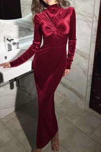 Burgundy Elegant Solid Color Patchwork Ruched Half A Turtleneck Long Dresses
