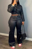 Black Casual Solid Color Pocket Buckle Patchwork Zipper Turndown Collar Outerwear