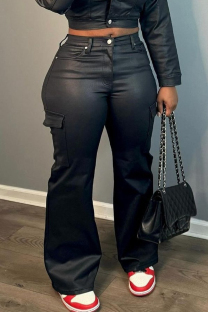 Black Casual Solid Color Pocket Buttons Patchwork Bodycon Mid Waist Conventional Patchwork Bottoms