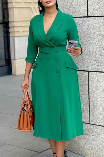 Green Elegant Solid Color Buttons Patchwork With Belt Turn-back Collar Long Dresses