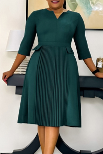 Dark Green Elegant Solid Color Pleated V Neck A Line Dresses