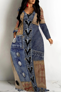 Dark Blue Casual Street Faux Denim Print Pocket Contrast V Neck Printed Dresses