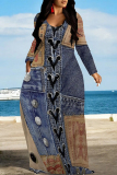 Baby Blue Casual Street Faux Denim Print Pocket Contrast V Neck Printed Dresses