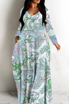Light Blue Casual Floral Print Basic V Neck Long Dresses