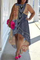 Dark Blue Casual Street Faux Denim Print Irregular Contrast O Neck Irregular Plus Size Dresses