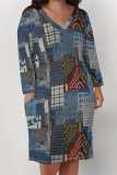 Baby Blue Casual Street Graffiti Print Faux Denim Print Newspaper printing Pocket Contrast V Neck Printed Plus Size Dresses
