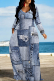 Baby Blue Casual Street Faux Denim Print Pocket Contrast V Neck Printed Dresses