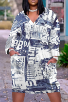 Baby Blue Casual Street Graffiti Print Faux Denim Print Newspaper printing Pocket Contrast V Neck Printed Plus Size Dresses